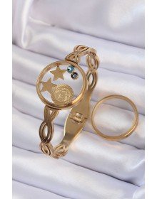 316L Çelik Altın Renk İçi Nazar Boncuk ve Yıldız Figürlü Açılabilir Fanus Kelepçe