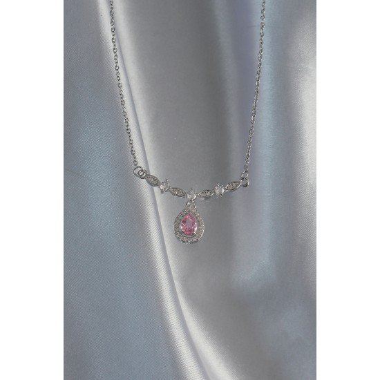 316L Çelik Gümüş Renk Pembe Zirkon Taşlı Damla Kolye