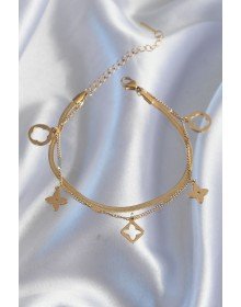 316L Çelik Gold Renk Çift Zincir Yonca Tasarım Bileklik