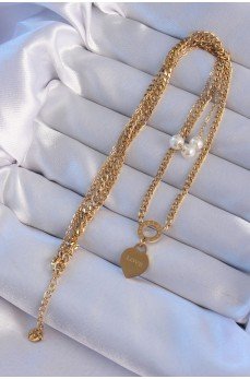 316L Çelik Gold Renk Çift Zincir İnci Detayı Love Kalp Kolye