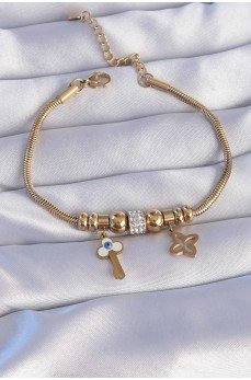 316L Çelik Gold Renk Zirkon Taşlı Yonca Detay Nazarlı Anahtar Tasarımlı Bileklik