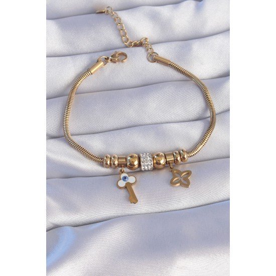 316L Çelik Gold Renk Zirkon Taşlı Yonca Detay Nazarlı Anahtar Tasarımlı Bileklik 316L Çelik Gold Renk Zirkon Taşlı Yonca Detay Nazarlı Anahtar Tasarımlı Bileklik