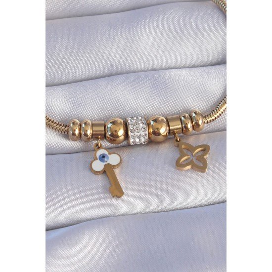 316L Çelik Gold Renk Zirkon Taşlı Yonca Detay Nazarlı Anahtar Tasarımlı Bileklik 316L Çelik Gold Renk Zirkon Taşlı Yonca Detay Nazarlı Anahtar Tasarımlı Bileklik