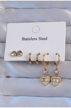 316L Çelik Gold Renk Zirkon Taşlı Kalp Model Halka Küpe Seti