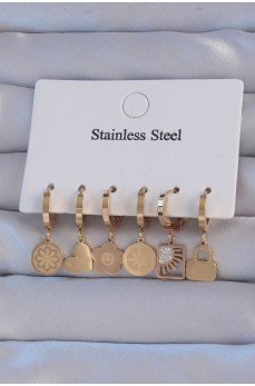 316L Çelik Gold Renk Zirkon Taşlı Çiçek Figürlü Kalp Model Halka Küpe Seti