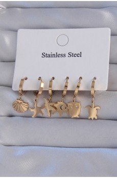 316L Çelik Gold Renk Zirkon Taşlı Hayvan Figürlü Deniz Yıldızı Model Halka Küpe Seti