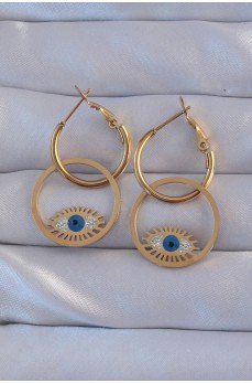 316L Çelik Gold Renk Zirkon Taşlı Mavi Göz Tasarımlı Halka Küpe