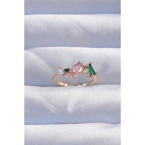 Pirinç Gold Renk Renkli Zirkon Taşlı Ayarlanabilir Yüzük Pirinç Gold Renk Renkli Zirkon Taşlı Ayarlanabilir Yüzük