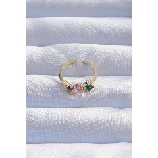 Pirinç Gold Renk Renkli Zirkon Taşlı Ayarlanabilir Yüzük Pirinç Gold Renk Renkli Zirkon Taşlı Ayarlanabilir Yüzük