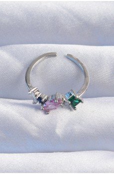 Pirinç Gümüş Renk Renkli Zirkon Taşlı Ayarlanabilir Yüzük Pirinç Gümüş Renk Renkli Zirkon Taşlı Ayarlanabilir Yüzük