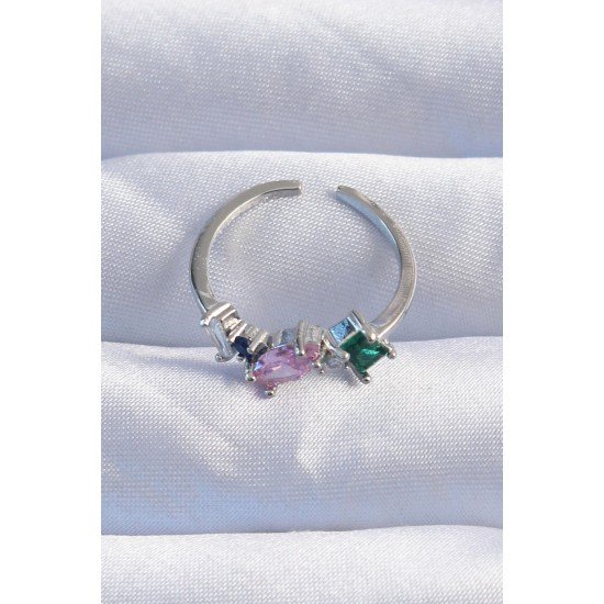 Pirinç Gümüş Renk Renkli Zirkon Taşlı Ayarlanabilir Yüzük Pirinç Gümüş Renk Renkli Zirkon Taşlı Ayarlanabilir Yüzük