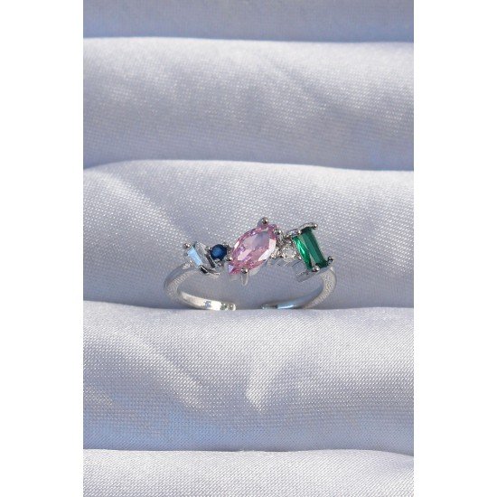 Pirinç Gümüş Renk Renkli Zirkon Taşlı Ayarlanabilir Yüzük Pirinç Gümüş Renk Renkli Zirkon Taşlı Ayarlanabilir Yüzük