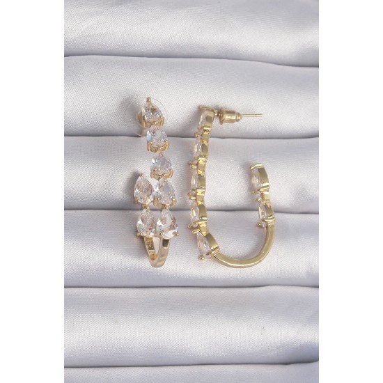 Pirinç Gold Renk Damla Zirkon Taş Tasarımlı Küpe