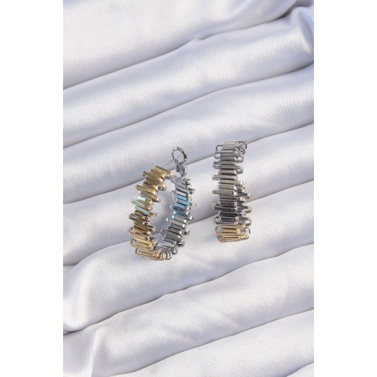 Pirinç Gold Gümüş Renkli Tırtıklı Halka Küpe Pirinç Gold Gümüş Renkli Tırtıklı Halka Küpe