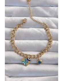 316L Çelik Gold Renk Nazarlı Kalp Model Zincir Bileklik