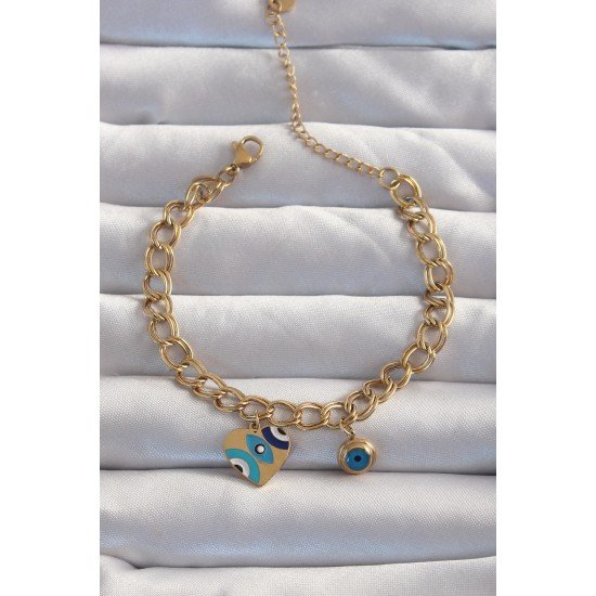 316L Çelik Gold Renk Nazarlı Kalp Model Zincir Bileklik 316L Çelik Gold Renk Nazarlı Kalp Model Zincir Bileklik