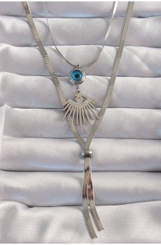 316L Çelik Gümüş Renk Zirkon Taşlı Göz Detay Nazarlı Uzun Asansör Model Kolye