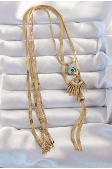 316L Çelik Gold Renk Zirkon Taşlı Göz Detay Nazarlı Uzun Asansör Model Kolye