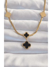 316L Çelik Gold Renk İtalyan Zincirli Mineli Yonca Kolye