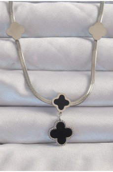 316L Çelik Gümüş Renk İtalyan Zincirli Mineli Yonca Kolye