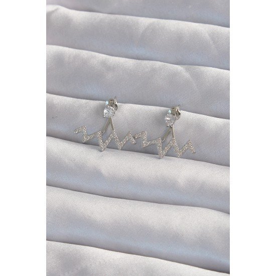 Pirinç Gümüş Renk Zirkon Taşlı Zikzak Küpe Pirinç Gümüş Renk Zirkon Taşlı Zikzak Küpe