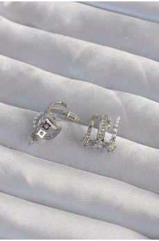 Pirinç Gümüş Renk İncili Çoklu Zirkon Taşlı Yarım Halka Küpe