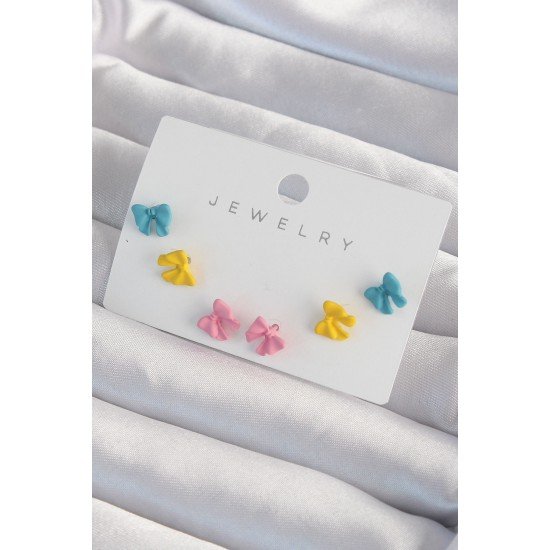 Pirinç Rengarenk Mineli Minimal Fiyonk Küpe Seti Pirinç Rengarenk Mineli Minimal Fiyonk Küpe Seti