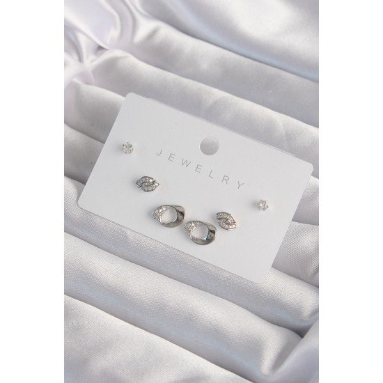 Pirinç Gümüş Renk Zirkon Taşlı Yaprak Model Küpe Seti Pirinç Gümüş Renk Zirkon Taşlı Yaprak Model Küpe Seti