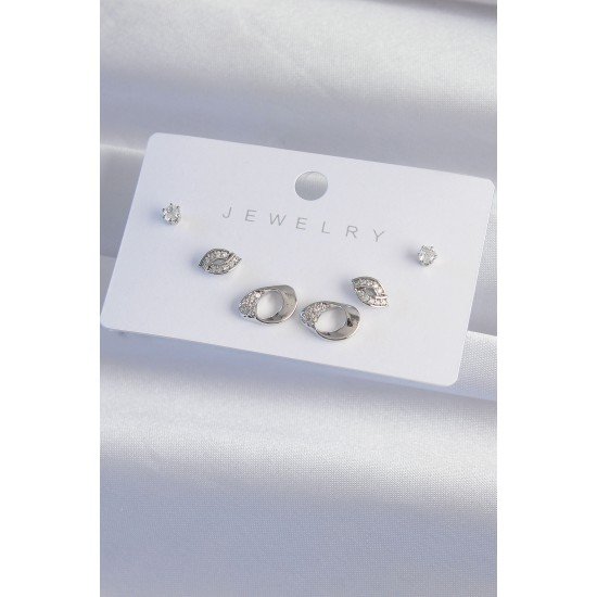 Pirinç Gümüş Renk Zirkon Taşlı Yaprak Model Küpe Seti Pirinç Gümüş Renk Zirkon Taşlı Yaprak Model Küpe Seti