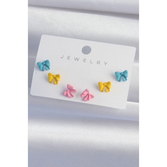 Pirinç Rengarenk Mineli Minimal Fiyonk Küpe Seti Pirinç Rengarenk Mineli Minimal Fiyonk Küpe Seti