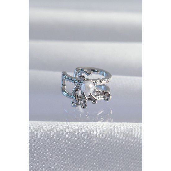 Pirinç Gümüş Renk İncili Ahtapot Earcuff Küpe Pirinç Gümüş Renk İncili Ahtapot Earcuff Küpe