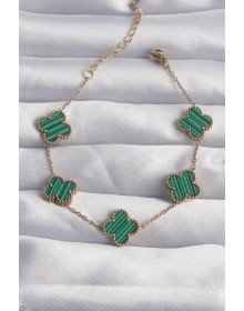 316L Çelik Gold Renk Çizgili Yeşil Mineli Yonca Bileklik