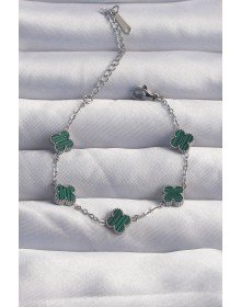 316L Çelik Baby Boy Gümüş Renk Çizgili Yeşil Mineli Yonca Bileklik