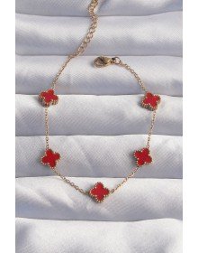 316L Çelik Baby Boy Gold Renk Kırmızı Mineli Yonca Bileklik