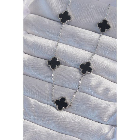 316L Çelik Gümüş Renk Siyah Mineli Yonca Kolye 316L Çelik Gümüş Renk Siyah Mineli Yonca Kolye