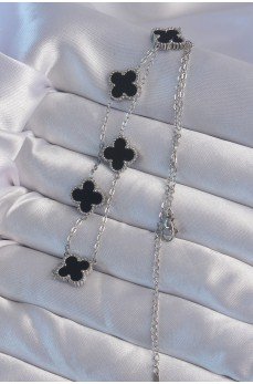316L Çelik Gümüş Renk Siyah Mineli Yonca Kolye