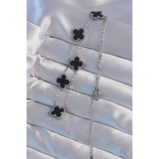 316L Çelik Gümüş Renk Siyah Mineli Yonca Kolye 316L Çelik Gümüş Renk Siyah Mineli Yonca Kolye