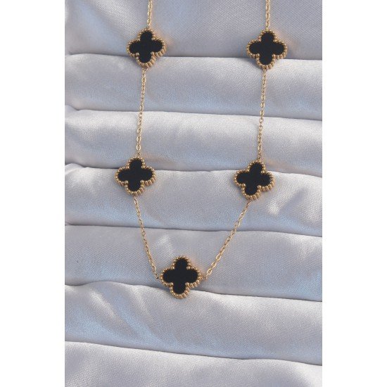 316L Çelik Gold Renk Siyah Mineli Yonca Kolye 316L Çelik Gold Renk Siyah Mineli Yonca Kolye