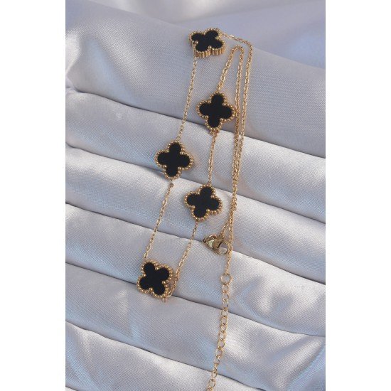 316L Çelik Gold Renk Siyah Mineli Yonca Kolye 316L Çelik Gold Renk Siyah Mineli Yonca Kolye