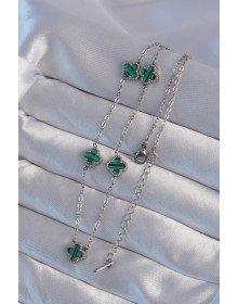 316L Çelik Gümüş Renk Minimal Yeşil Mineli Yonca Kolye