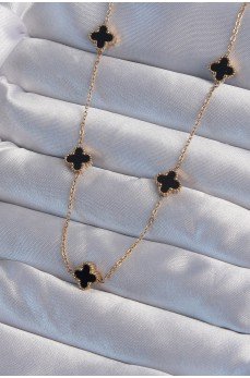 316L Çelik Gold Renk Minimal Siyah Mineli Yonca Kolye