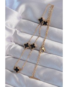 316L Çelik Gold Renk Minimal Siyah Mineli Yonca Kolye