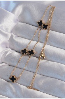 316L Çelik Gold Renk Minimal Siyah Mineli Yonca Kolye