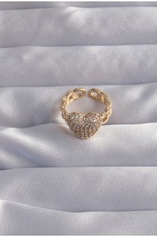 Pirinç Ayarlamalı Gold Renk Zirkon Taşlı Bombeli Kalp Yüzük