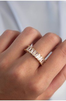 Pirinç Ayarlamalı Gold Renk Baget Taşlı Su Yolu Yüzük