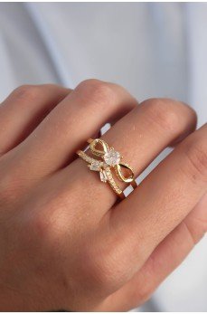 Pirinç Ayarlamalı Gold Renk Zirkon Taşlı 2li Görünüm Fiyonk Yüzük