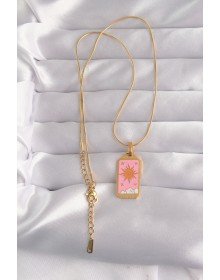 316L Çelik Gold Renk Pembe Mineli Güneş Model Tarot Kolye