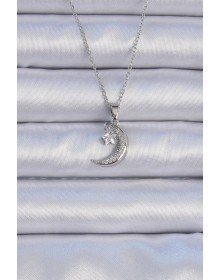 316L Çelik Zincir Gümüş Renk Zirkon Taşlı Sallantılı Ay Yıldız Kolye