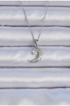 316L Çelik Zincir Gümüş Renk Zirkon Taşlı Sallantılı Ay Yıldız Kolye