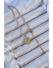 316L Çelik Zincir Altın Renk Zirkon Taşlı Parlayan Güneş Kolye